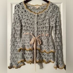 SLEEPING ON SNOW XS Y2K Feminine Blue Alpaca Blend Crochet Cardigan Tie Belt